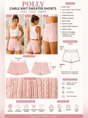 Polly Cable Knit Sweater Lounge Shorts Pink Size 4 US 16 Cozy Soft Pull On